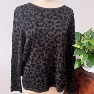 Chico's Black Gold Metallic Scoop Wool Blend Boxy Animal Print Sweater Size 2 L